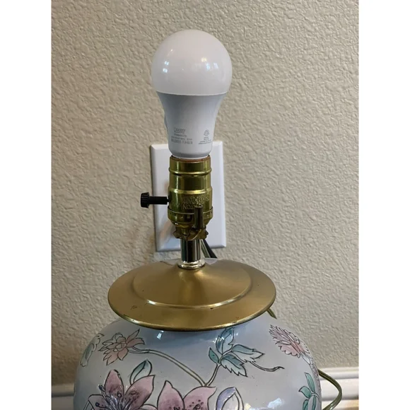 VTG Asian Blue Floral Ginger Jar Ceramic Table Lamp Painted Flowers 18” No Shade